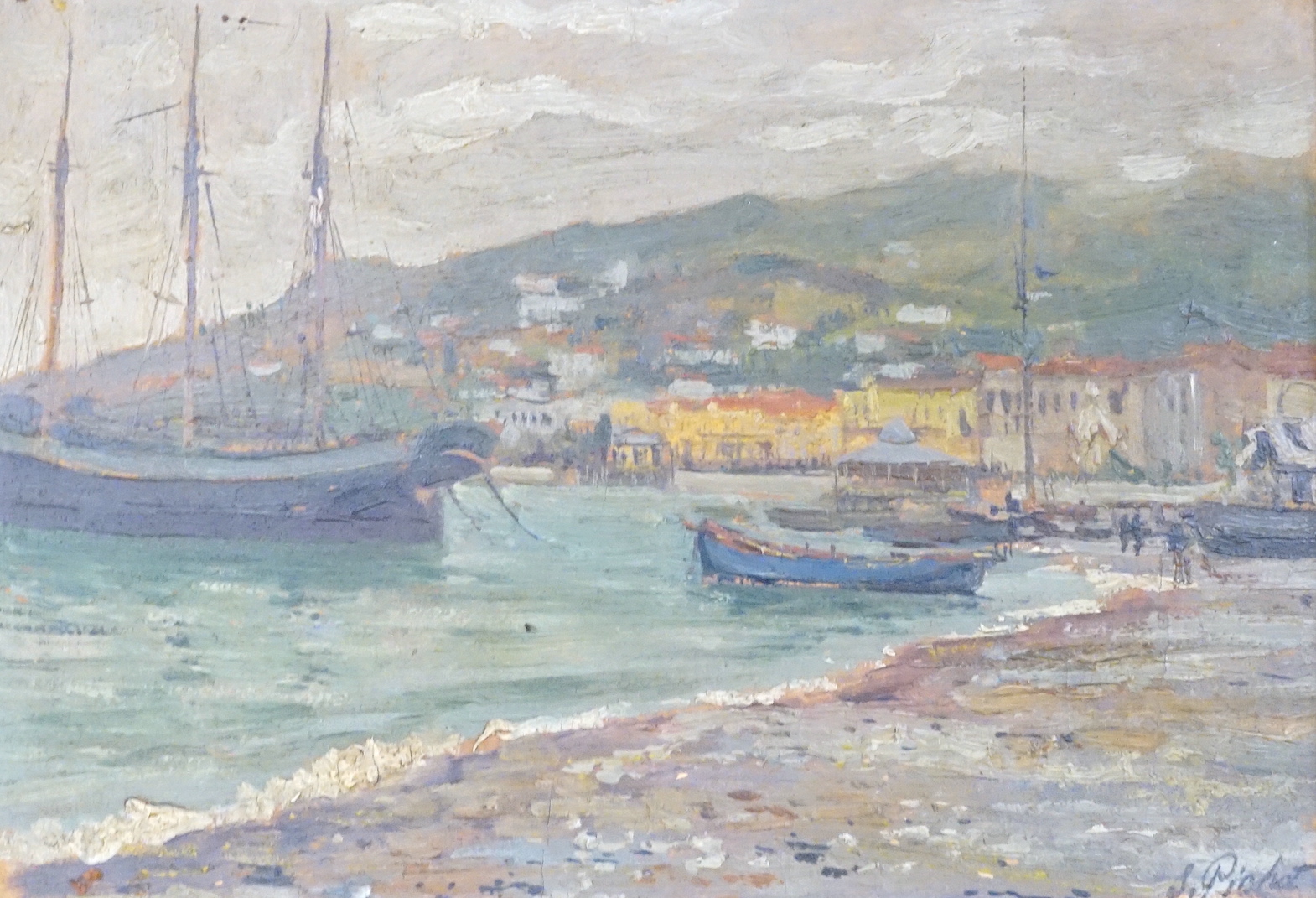 S. Pichot, oil on board, Boats moored along the coast, signed, label verso for Galea’s of Valetta, 21 x 31.5cm